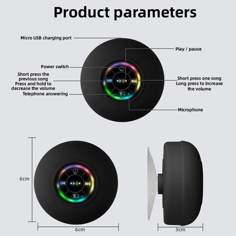 Portable Mini Wireless Speaker, Suction Cup Waterproof Shower Speaker with LED Light, USB Rechargeable Portable Wireless Bluetooth 5.0-Compatible for Parties, Bathroom, Travel, Home and Outdoors